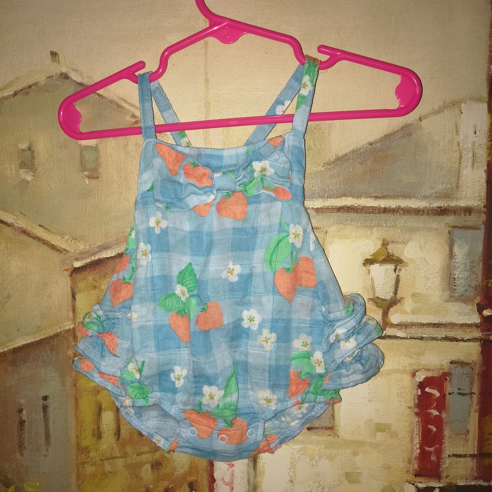 Angel Dear Blue Romper with Strawberry Design